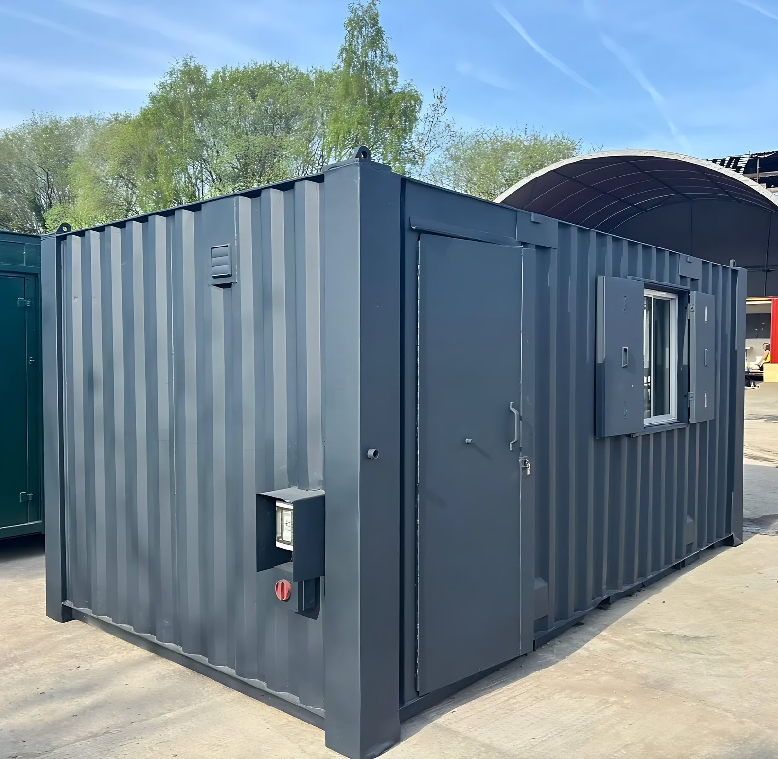 20ft Office & Canteen Container – Partitioned Storage – three-quarter exterior view with closed entry door and shuttered window