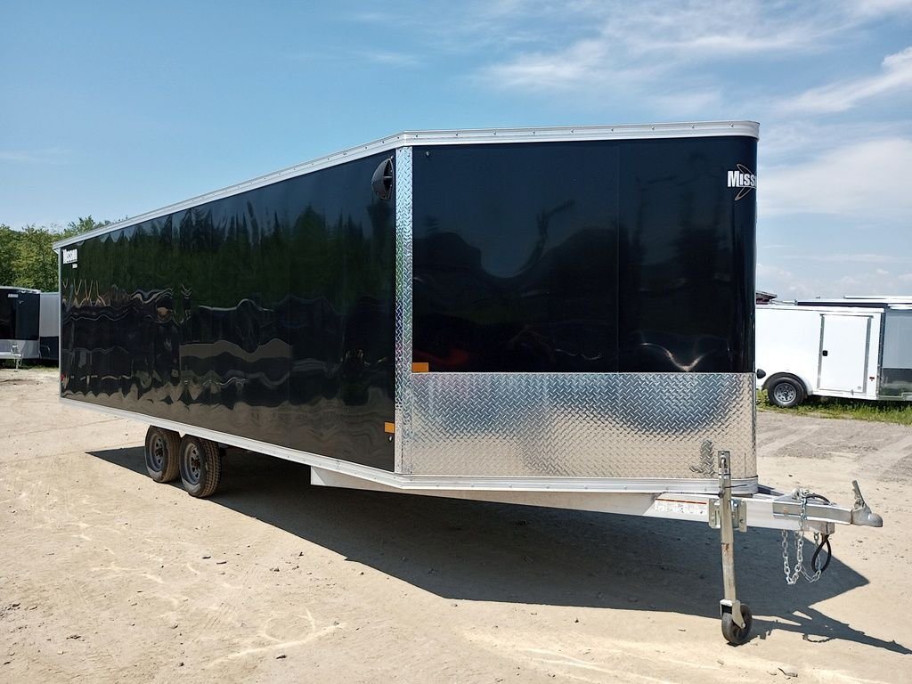 Mission Trailers 22 ft Snowmobile Trailer – 4-Place – Front three-quarter view from the opposite side showing the v-nose and hitch