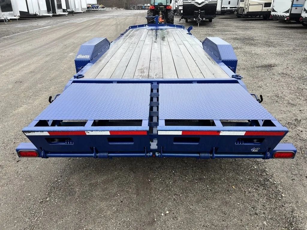 2022 Diamond C 24 ft Equipment Trailer – Max Ramps – Rear view of the trailer showing the closed metal ramp sections