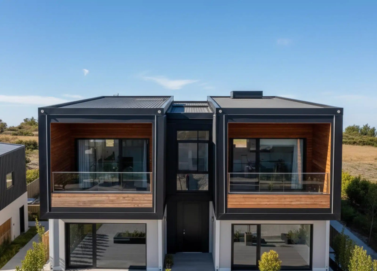 Four-Module Container Home – 3 Bedrooms, 2 Stories – Side elevation showing timber-look cladding and window placement