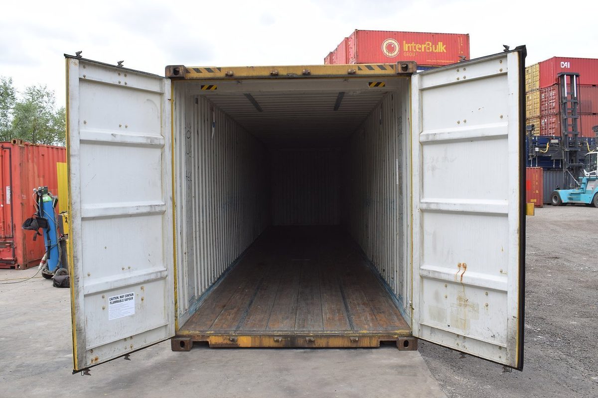 45ft High Cube Pallet Wide Container – Used, Cargo Worthy – open cargo doors revealing empty container with wooden floor