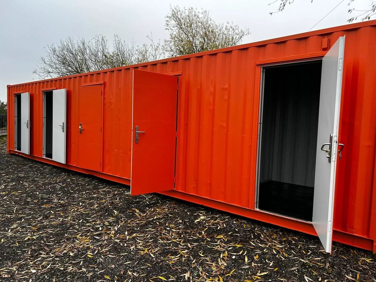40ft Multi-Compartment Shipping Container – Individual Side Access – orange storage container with multiple individual access doors