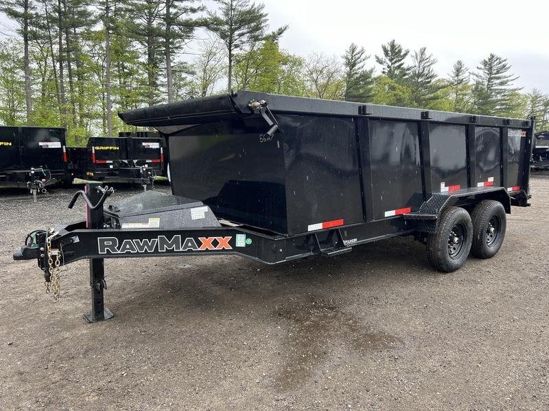 2024 RawMaxx 16 ft Dump Trailer – Tarp Kit – Three-quarter exterior view of a black dump trailer on a gravel surface