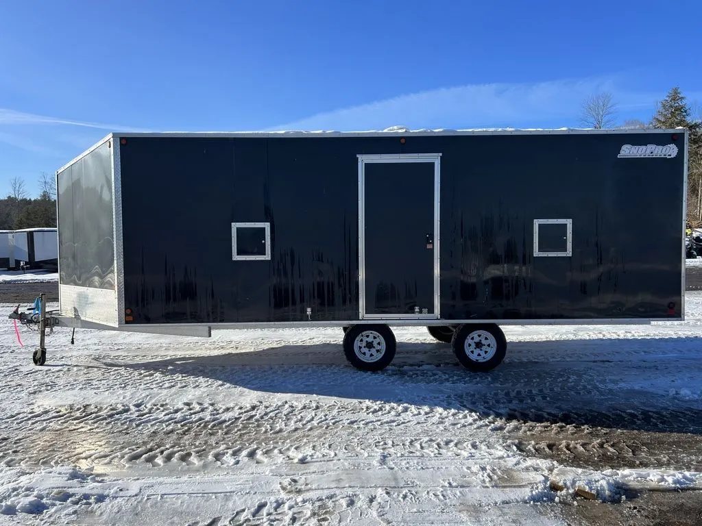 2008 Sno Pro 4-Place Snowmobile Trailer – Black Aluminum – Full side profile view showing windows and entry door