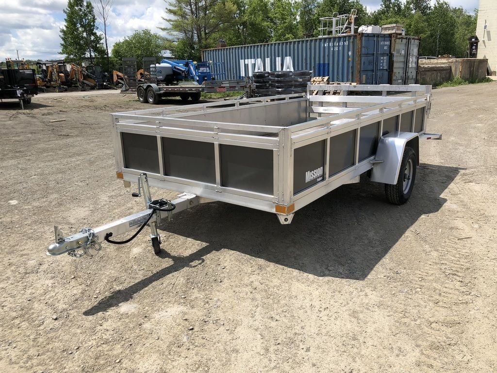 2022 Mission 6 × 12 ft Utility Trailer – Rear Ramp – Front three-quarter view of the trailer showing the hitch and side panels