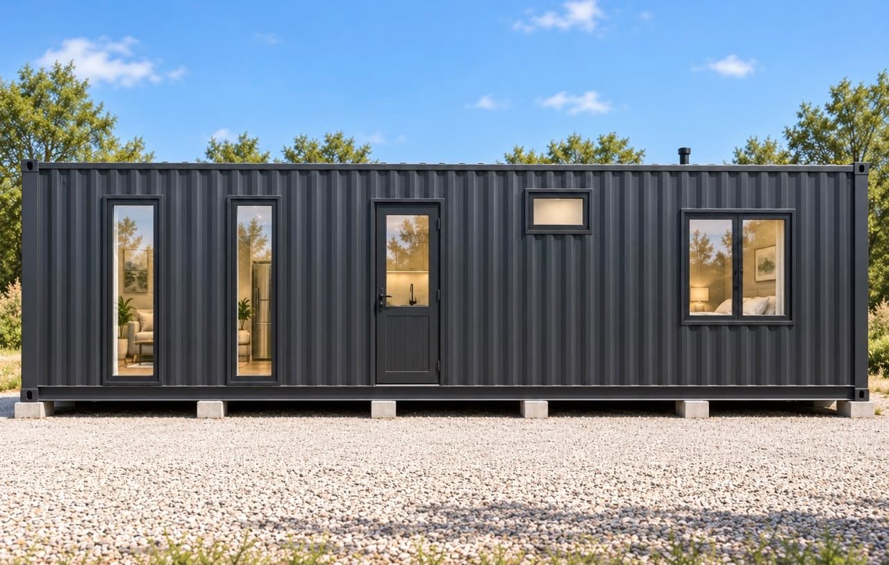 40ft Charcoal Haven Container Home – 1 Bedroom, Galley Kitchen – Primary long-side elevation with tall windows and glazed side entry