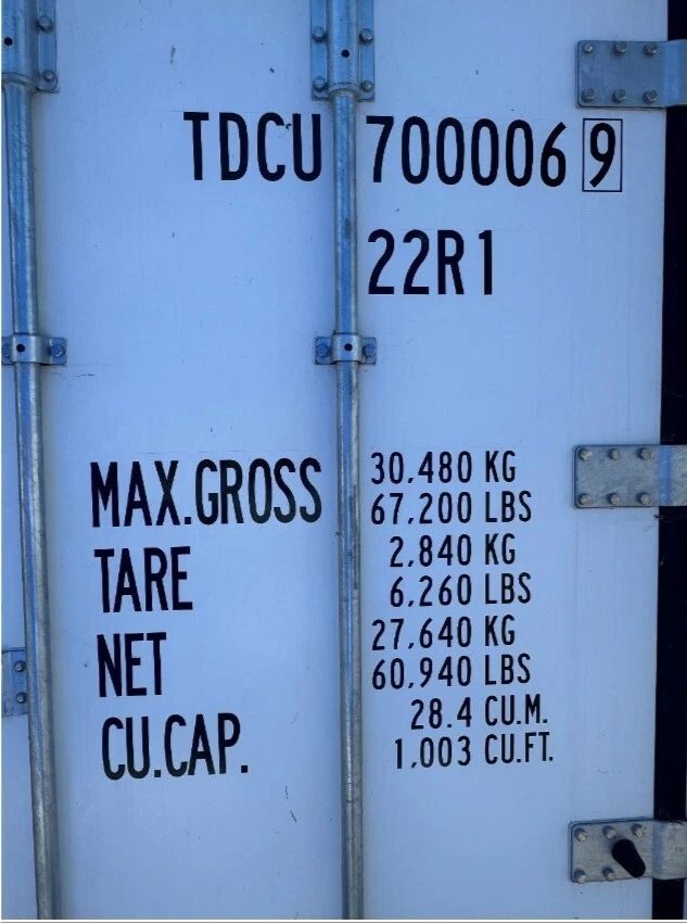 20ft Used Refrigerated Shipping Container – Thermo King – container door identification and weight markings with locking bars