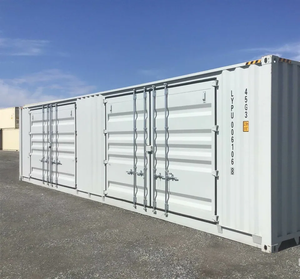 40ft High Cube Shipping Container – One-Trip, Two Side Doors – angled exterior view of container with two closed side doors