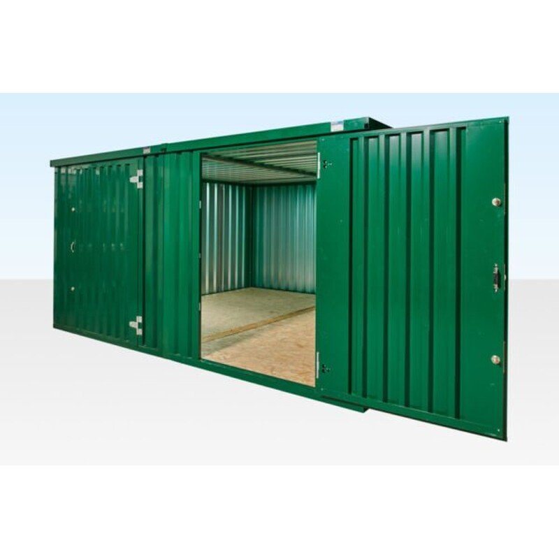 3 m (9.8 ft) Flat-Pack Storage Bundle – Green Powder Coat – Side profile of two green flat pack containers linked together with one door open