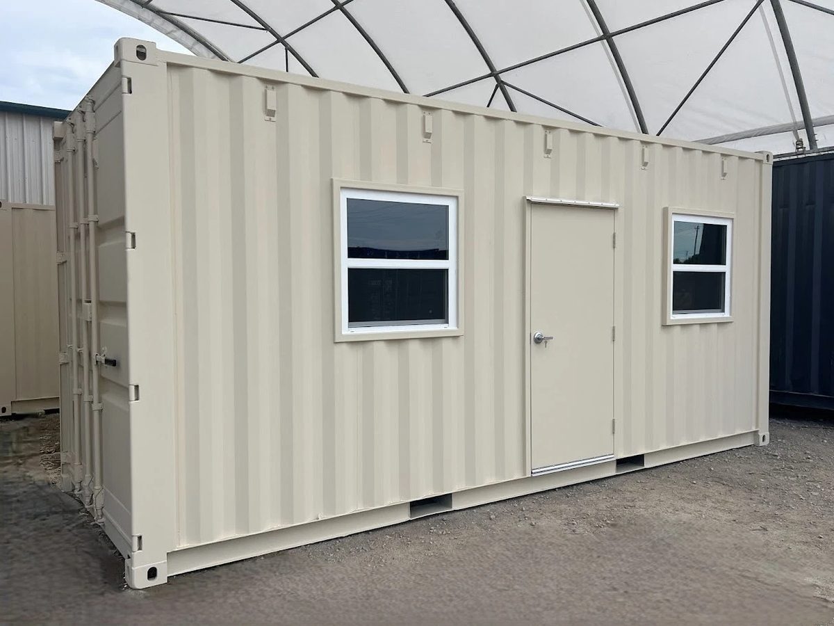 20ft High Cube Container Office – Side Entry and Two Windows – Three-quarter exterior of container office with two windows and entry door