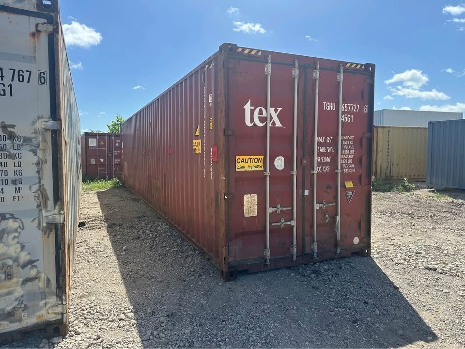 40ft High Cube Shipping Container – Used, Double Rear Doors – three-quarter exterior view of red container with cargo doors closed