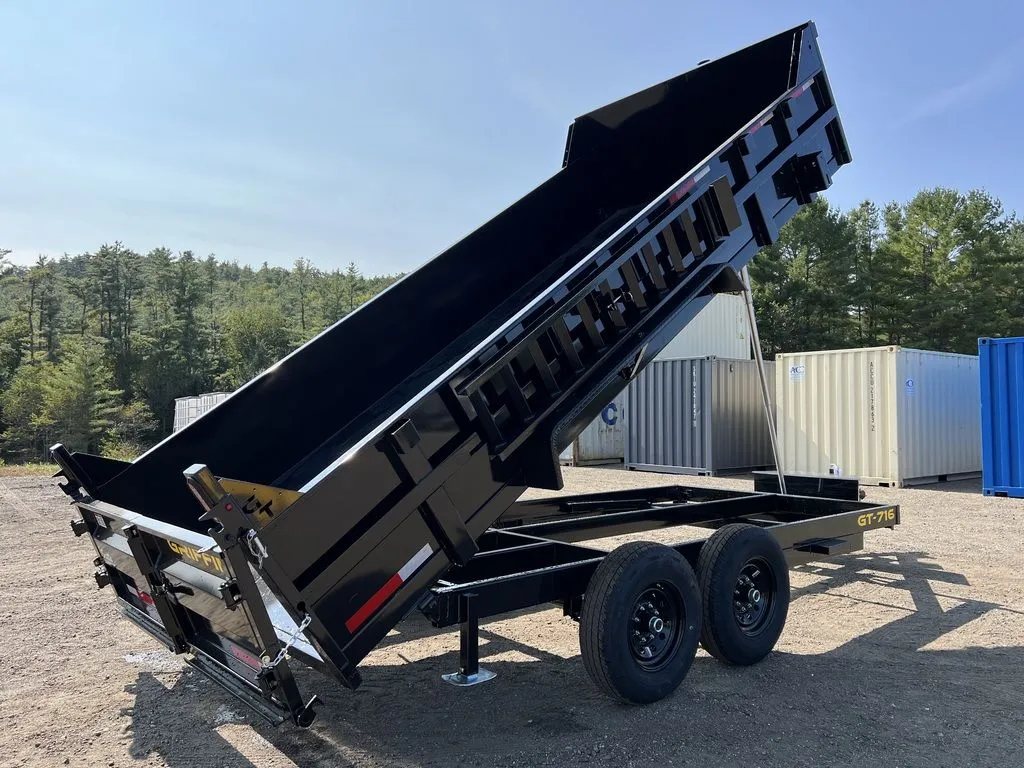 2024 Griffin Trailers 16 ft Dump Trailer – Telescopic – A rear three-quarter view showing the elevated dump bed from the passenger side