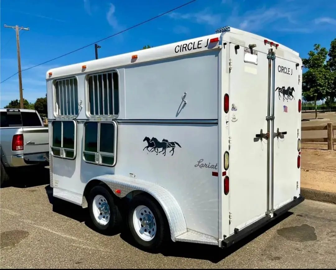 2007 Circle J 2 Horse Trailer – Slant Load – Three-quarter rear angle of the trailer showing side windows and rear