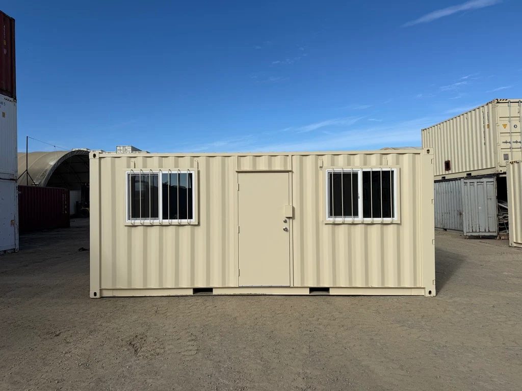20ft Ground-Level Office Container – Insulated Workspace – front exterior of office container with door and barred windows