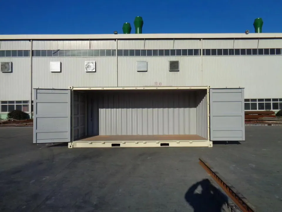 20ft One-Trip Shipping Container – Full-Length Side Access – side view of container with side doors fully open