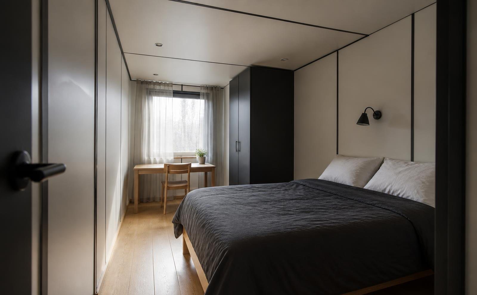 10-Module Container Home – The Ultimate, 3-Bedroom Courtyard – Experience sophisticated living in this 40ft container home bedroom featuring custom cabinetry and natural light