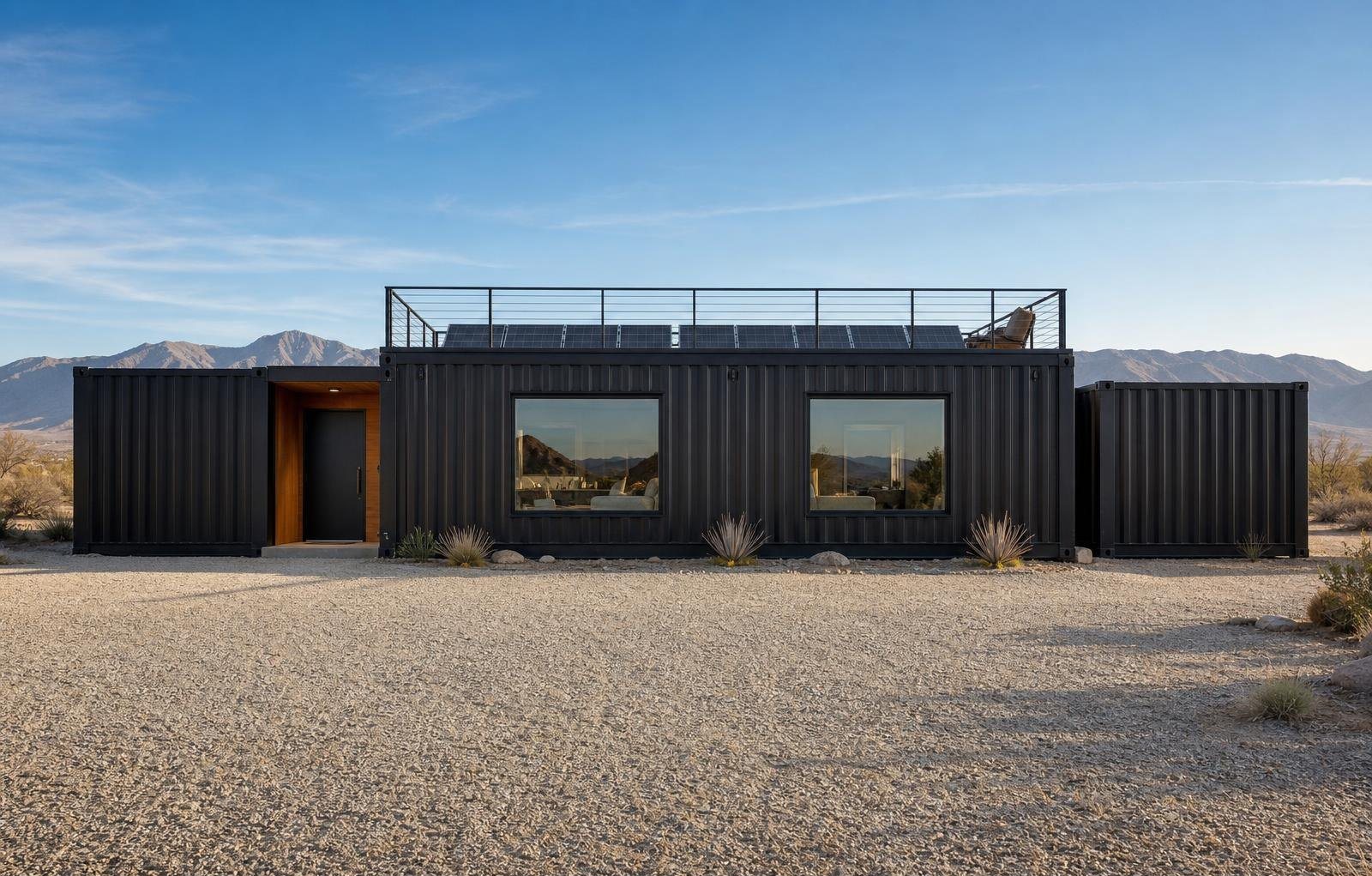 10-Module Container Home – The Ultimate, 3-Bedroom Courtyard – A private wellness retreat featuring a central plunge pool surrounded by 40ft shipping container modules and natural wood decking