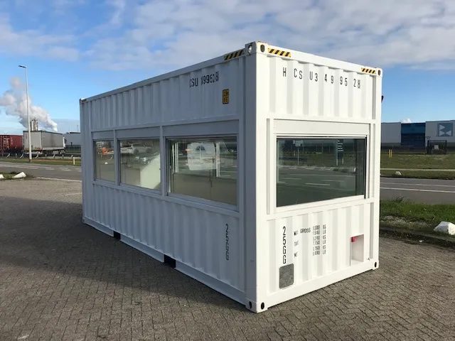 20ft High Cube Observation Office – Shuttered Windows – three-quarter exterior view of white container with large observation windows