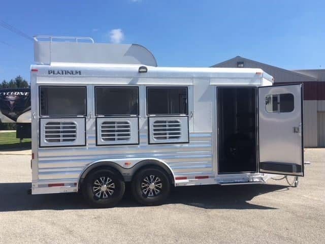 2018 Platinum Coach 3 Horse Bumper Pull – Rear Tack – Side view with the main dressing room door open and windows closed