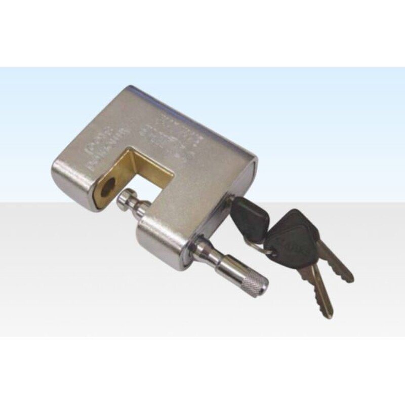 Shipping Container Padlock – Armored Steel, Rotating Shackle – A heavy duty chrome shipping container padlock with a set of two keys
