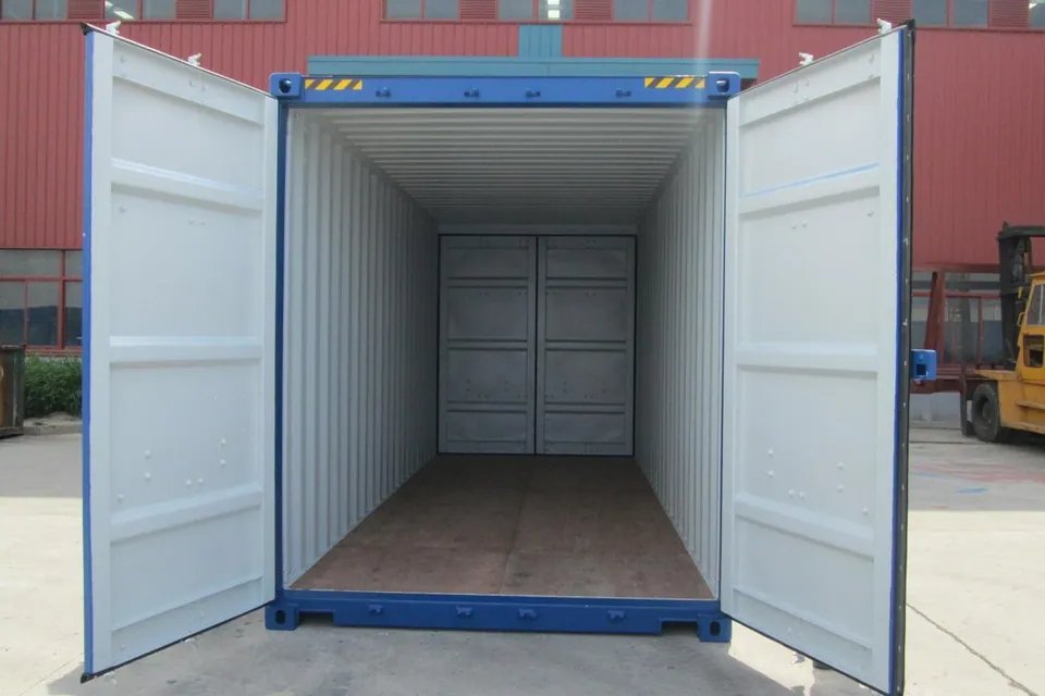 20ft Tunnel Shipping Container – Double-End Doors – open container doors revealing empty interior and closed opposite doors