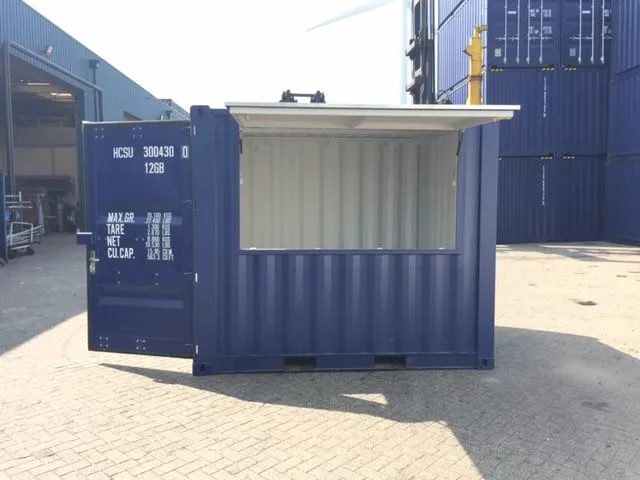 10ft Custom Bar Container – Serving Hatch and Secure Storage – blue container bar with raised serving hatch and open door