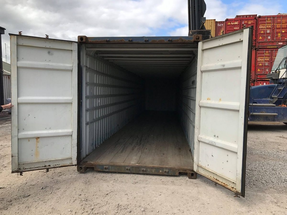 45ft High Cube Shipping Container – Used, Large-Capacity Storage – open cargo doors revealing empty container with wooden floor