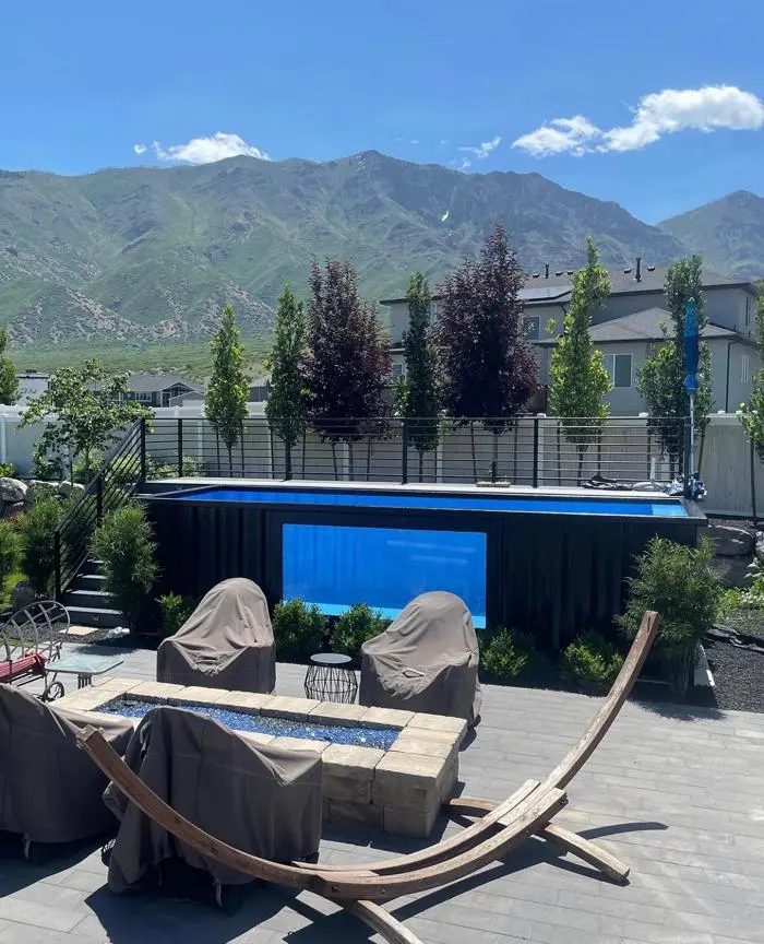 40ft Custom Container Pool – Side Viewing Window – backyard container pool with viewing window and elevated deck