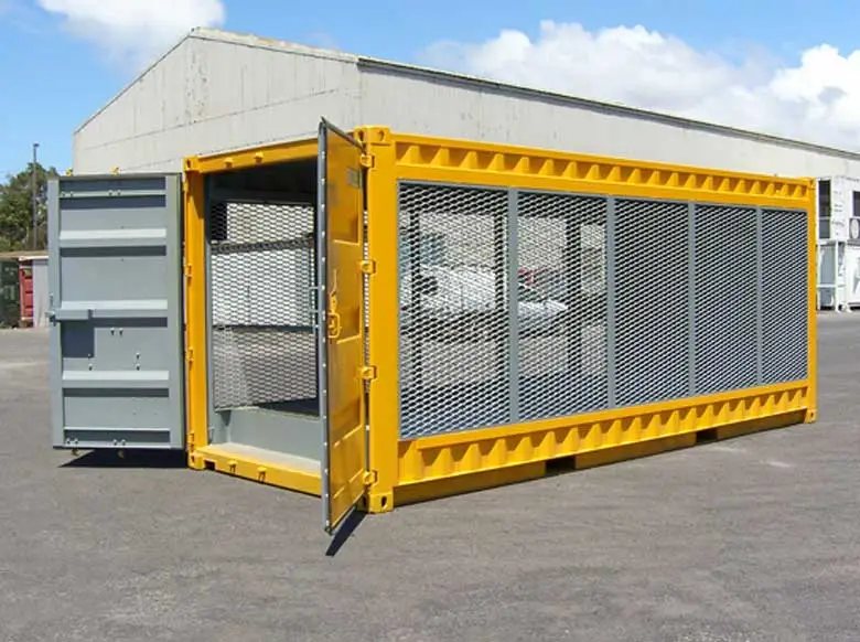 20 ft Gas Cylinder Storage Container – Yellow – Yellow specialty container with the end double doors open showing interior space