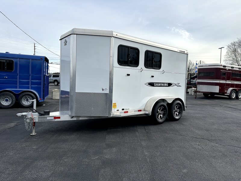 2021 Titan 2 Horse Bumper Pull Trailer – White, Slant Load – Left side exterior view of white horse trailer on asphalt lot