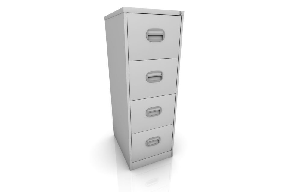 4-Drawer Metal Filing Cabinet – Lockable, Anti-Tilt – Full view of a grey four drawer metal filing cabinet on white background