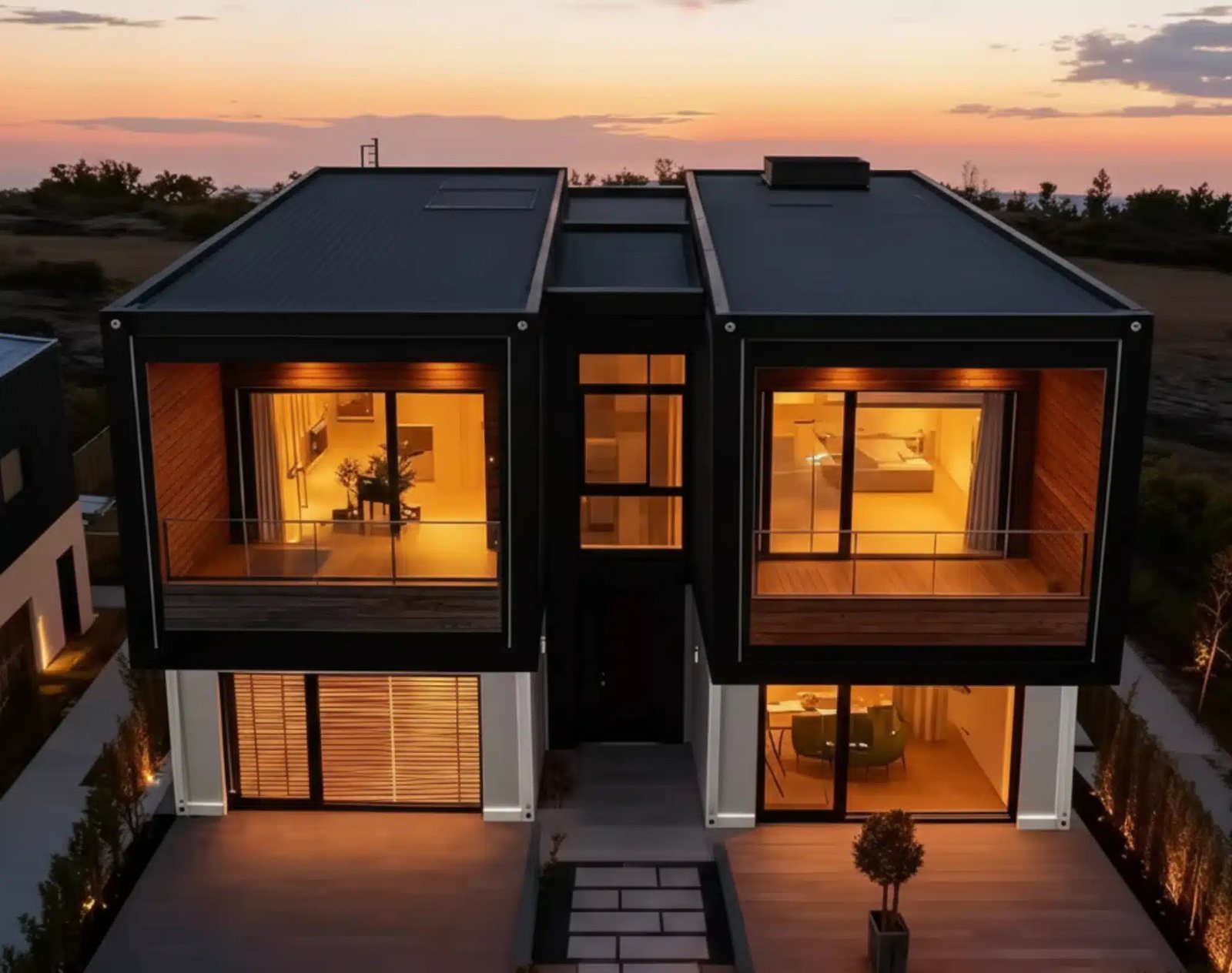 Four-Module Container Home – 3 Bedrooms, 2 Stories – Symmetrical front elevation with twin recessed balconies
