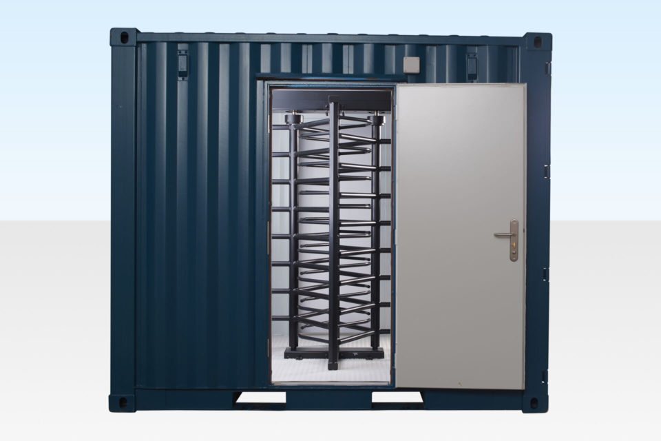 10 ft Single Turnstile Unit – Blue – Straight-on view of open personnel door revealing full-height black metal security turnstile inside