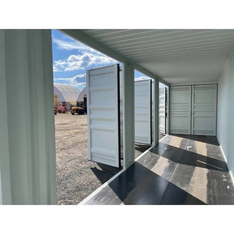 40ft High Cube Shipping Container – 4 Side Doors + End Access – empty container interior with open side doors and closed end doors