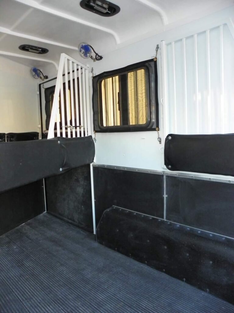 2022 Double D 2 Horse Bumper Pull – Reverse Slant – Interior stall area with white divider bars and black wall pads