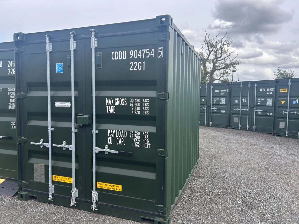 10ft New Shipping Container – Double Cargo Doors – three-quarter exterior view of green container with closed cargo doors