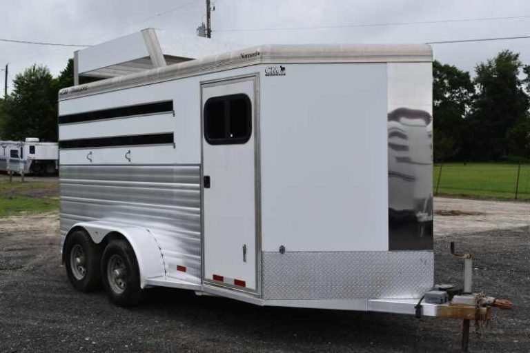 2012 CM 3 Horse Bumper Pull Trailer – Aluminum, Hayrack – Three-quarter front view from the curb side showing the tack room door