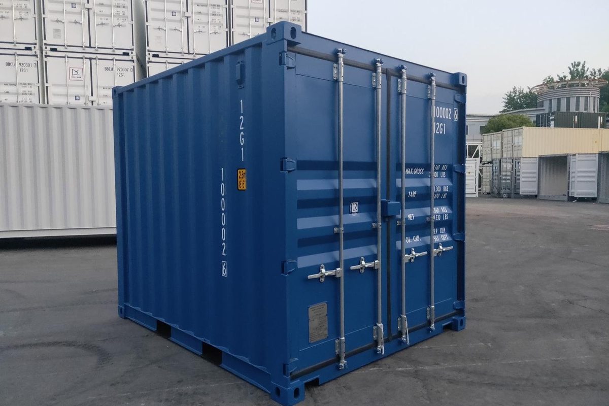 10ft New Shipping Container – Double Doors, Compact Storage – three-quarter exterior view of blue container with doors closed
