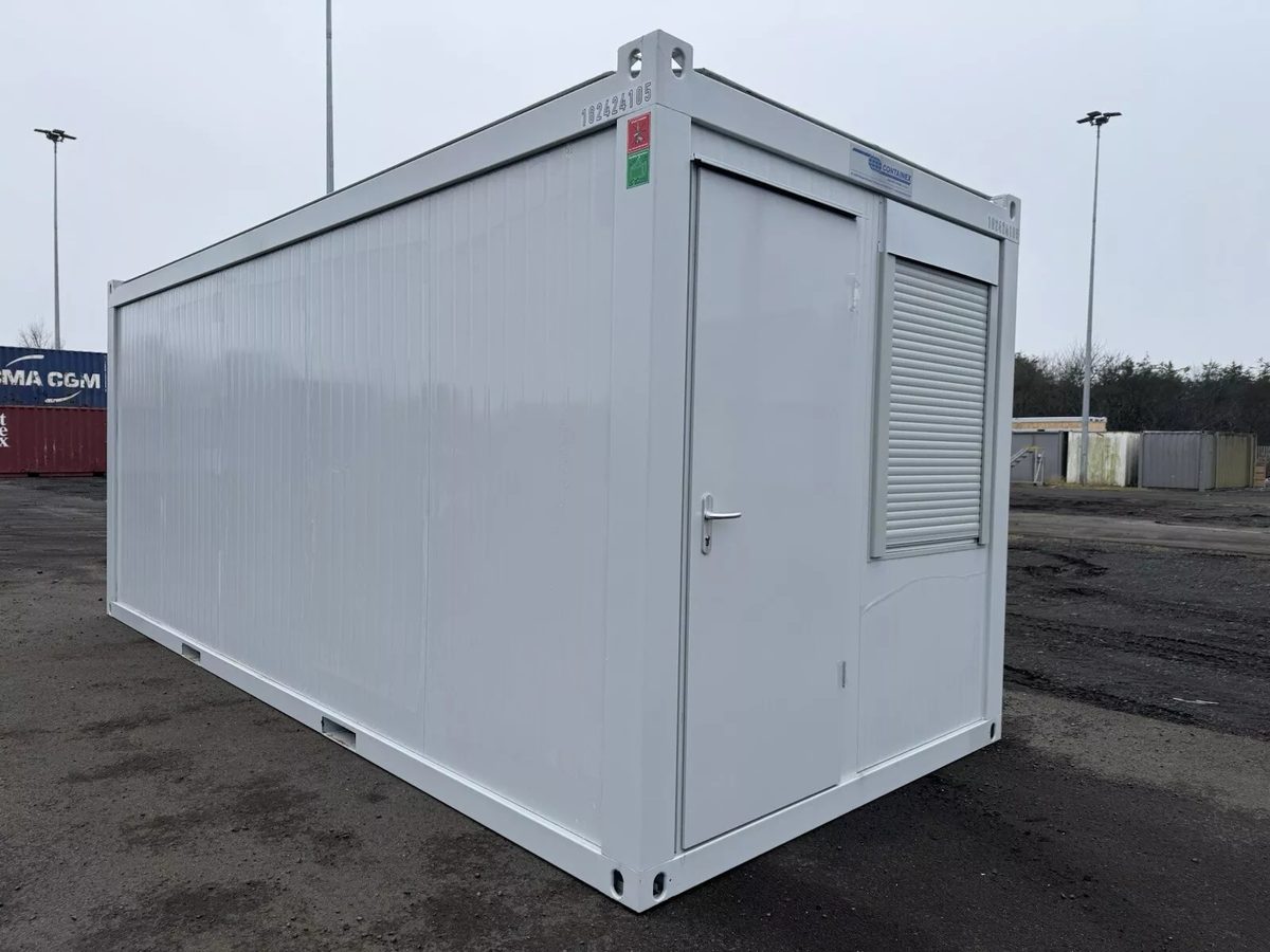 20ft Modular Container Office – Insulated Steel Workspace – three-quarter exterior of modular office with door and shuttered window