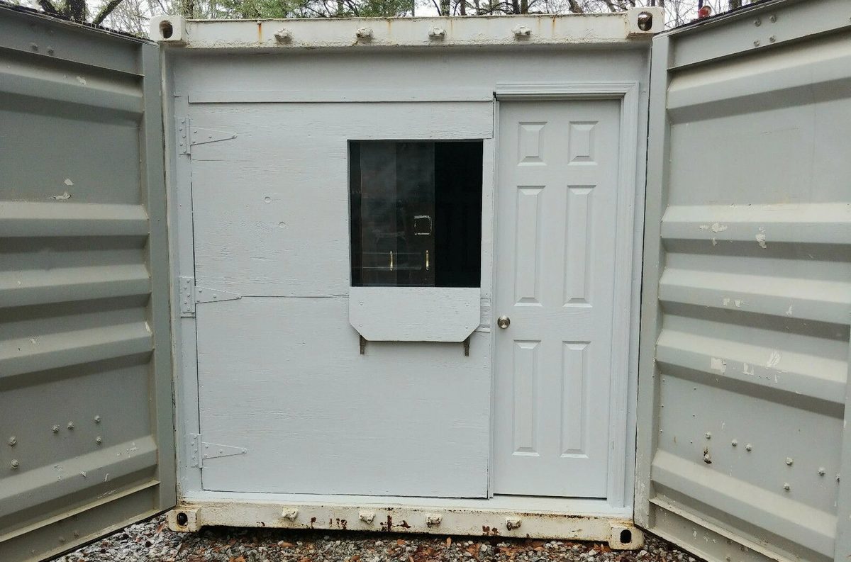 40ft High Cube Container Office – Storage Racking, Side Access – open cargo doors revealing personnel door and service window