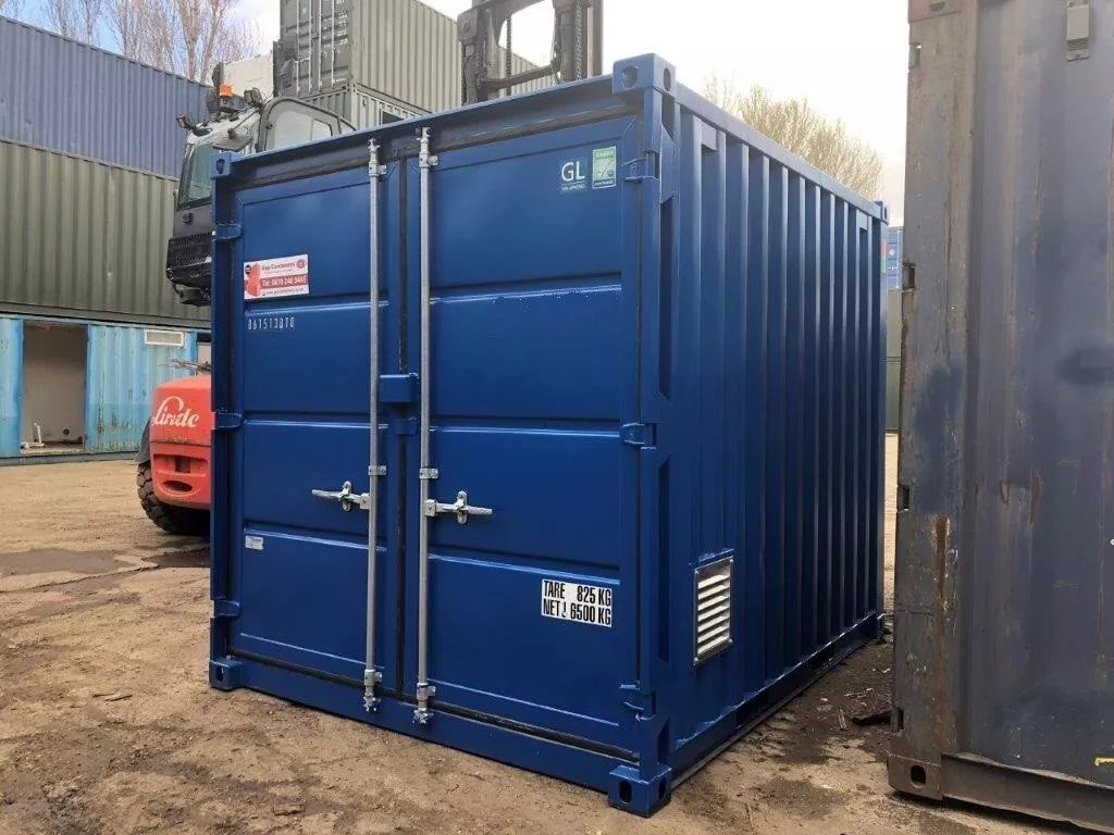 10ft Bunded Shipping Container – Integrated Spill Containment – three-quarter exterior view of blue container with closed doors