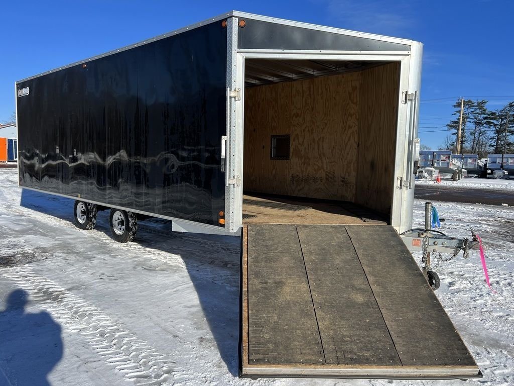 2008 Sno Pro 4-Place Snowmobile Trailer – Black Aluminum – View of the front ramp door open showing the wood interior