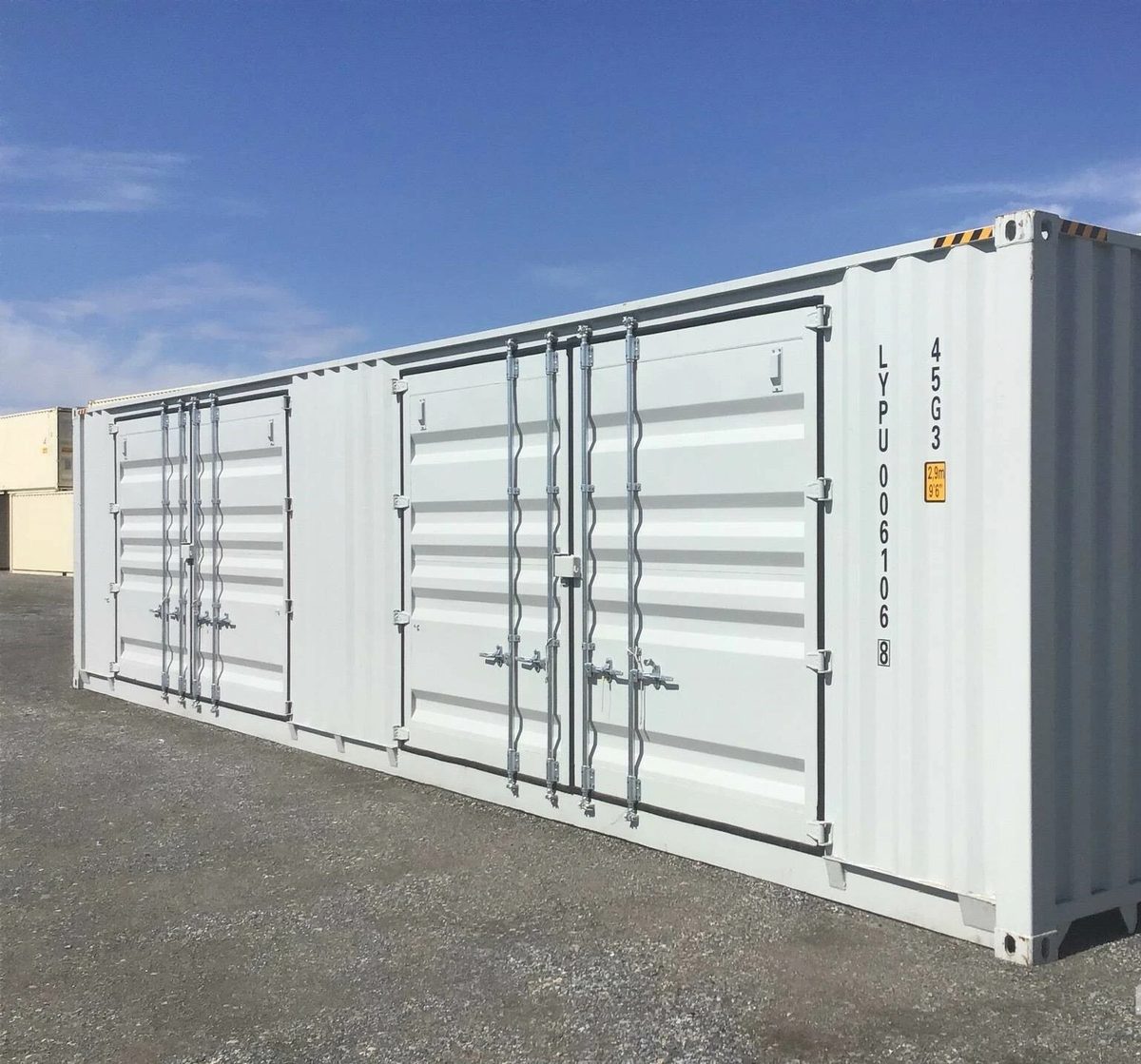 40ft High Cube Shipping Container – One-Trip, Two Side Doors – angled exterior view of container with two closed side doors