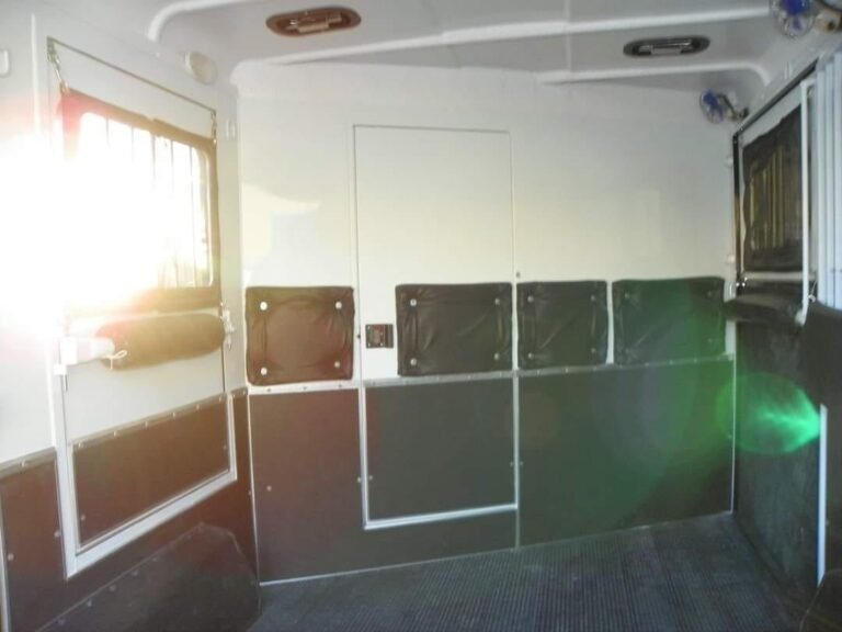 2022 Double D 2 Horse Bumper Pull – Reverse Slant – Wide interior view showing padded walls and window with screen