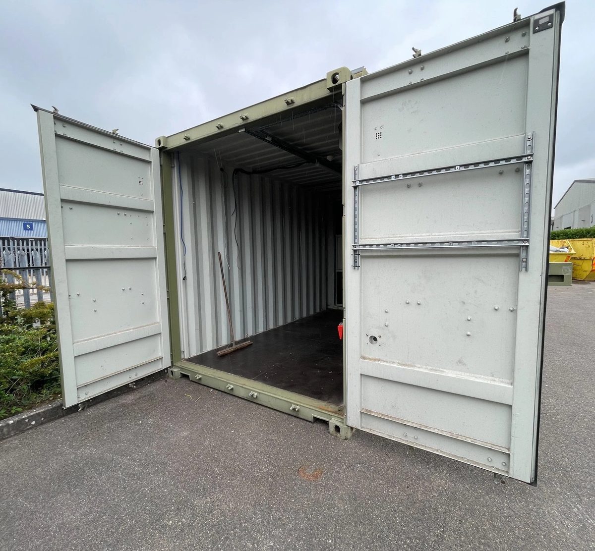 13ft Used Shipping Container – Lock Box Storage – open cargo doors revealing steel interior and dark floor