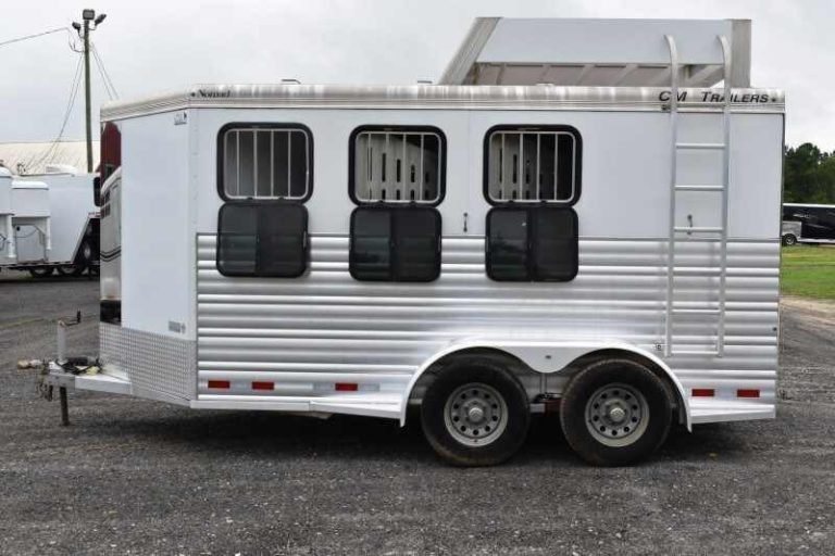 2012 CM 3 Horse Bumper Pull Trailer – Aluminum, Hayrack – Direct side view of the trailer with all three drop-down windows open
