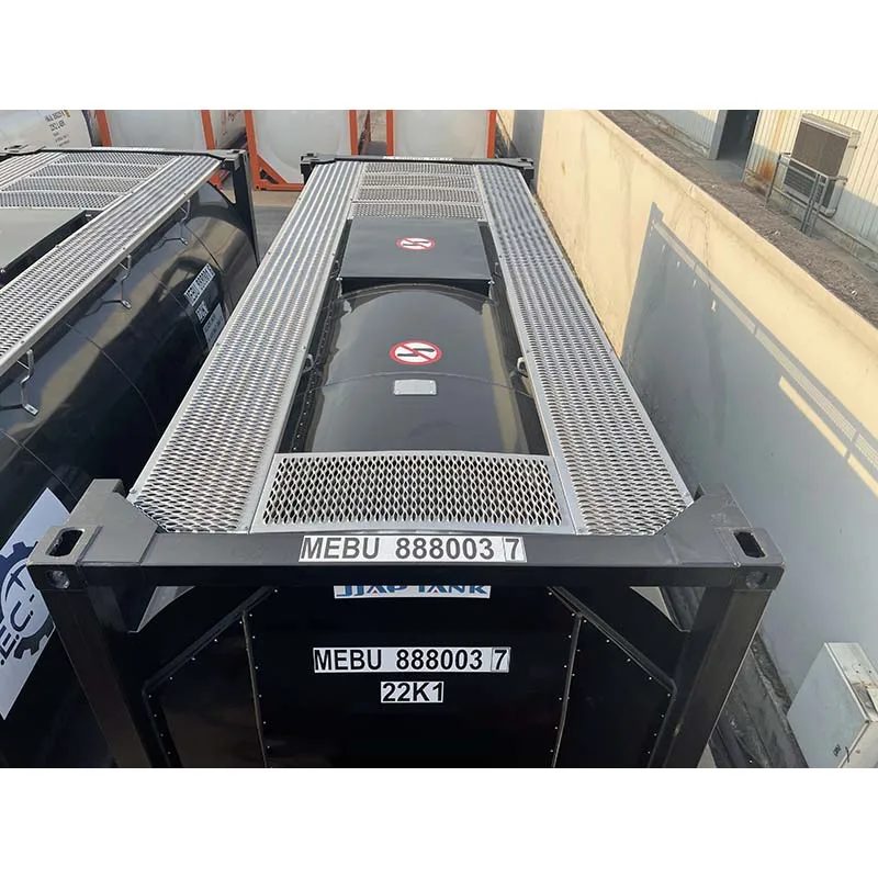 20ft Carbon Steel Tank Container – Liquid Storage and Transport – elevated view of black tank container with grated walkways
