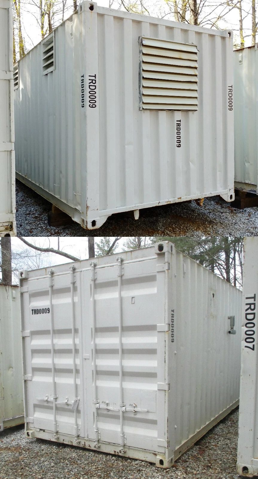 40ft High Cube Container Office – Storage Racking, Side Access – two exterior views showing ventilation louvers and closed cargo doors