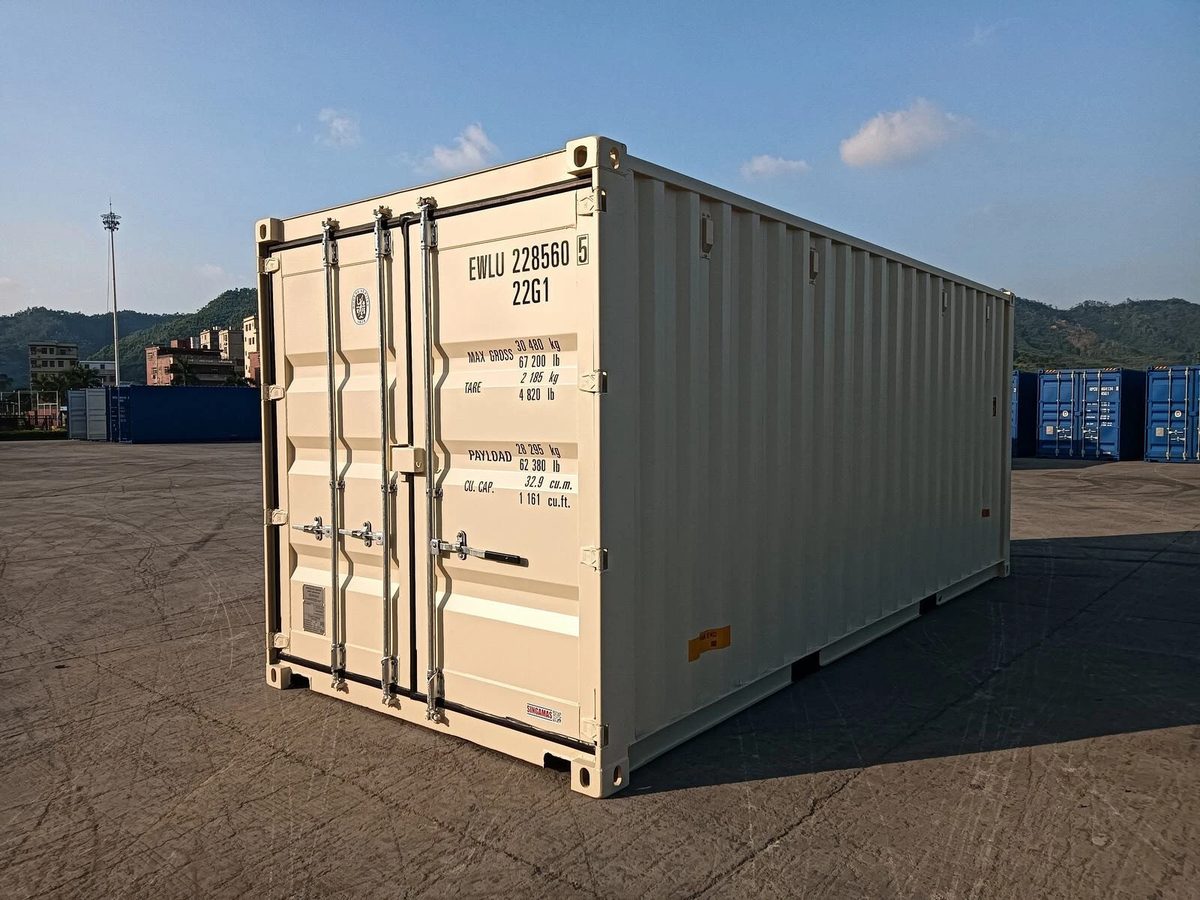 20ft One-Trip Shipping Container – Double + Single Doors – three-quarter exterior view of cream container with cargo doors closed