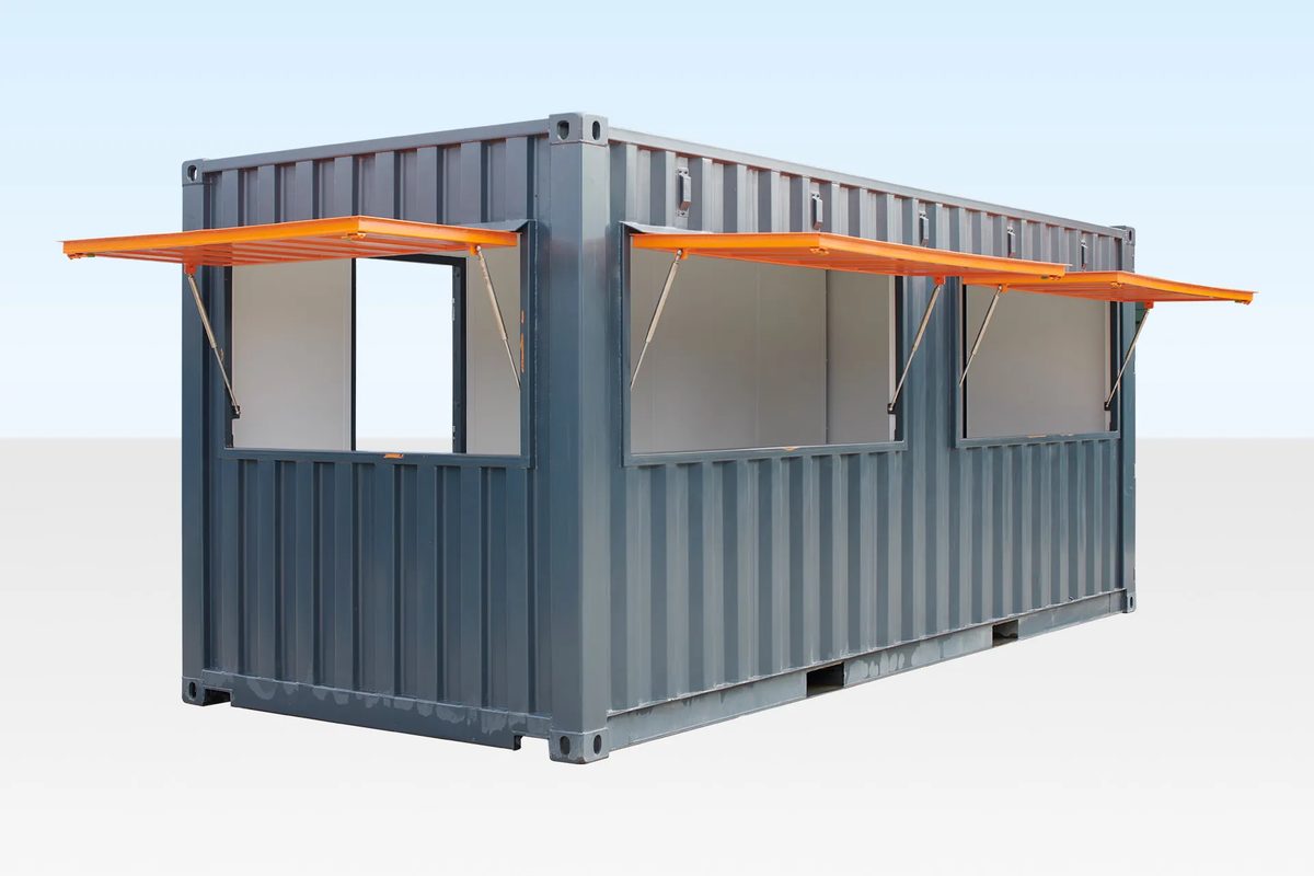 20ft Custom Container Café – Configurable Food Service Layout – Three-quarter exterior of container café with three orange serving hatches